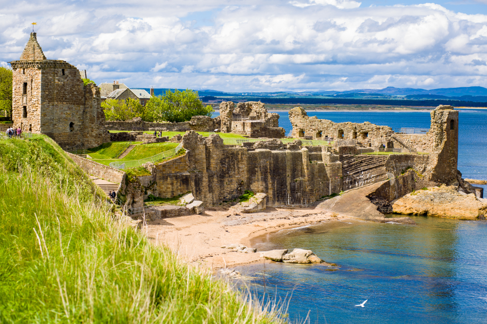 View of St. Andrews Castle, Scotland by the sea.